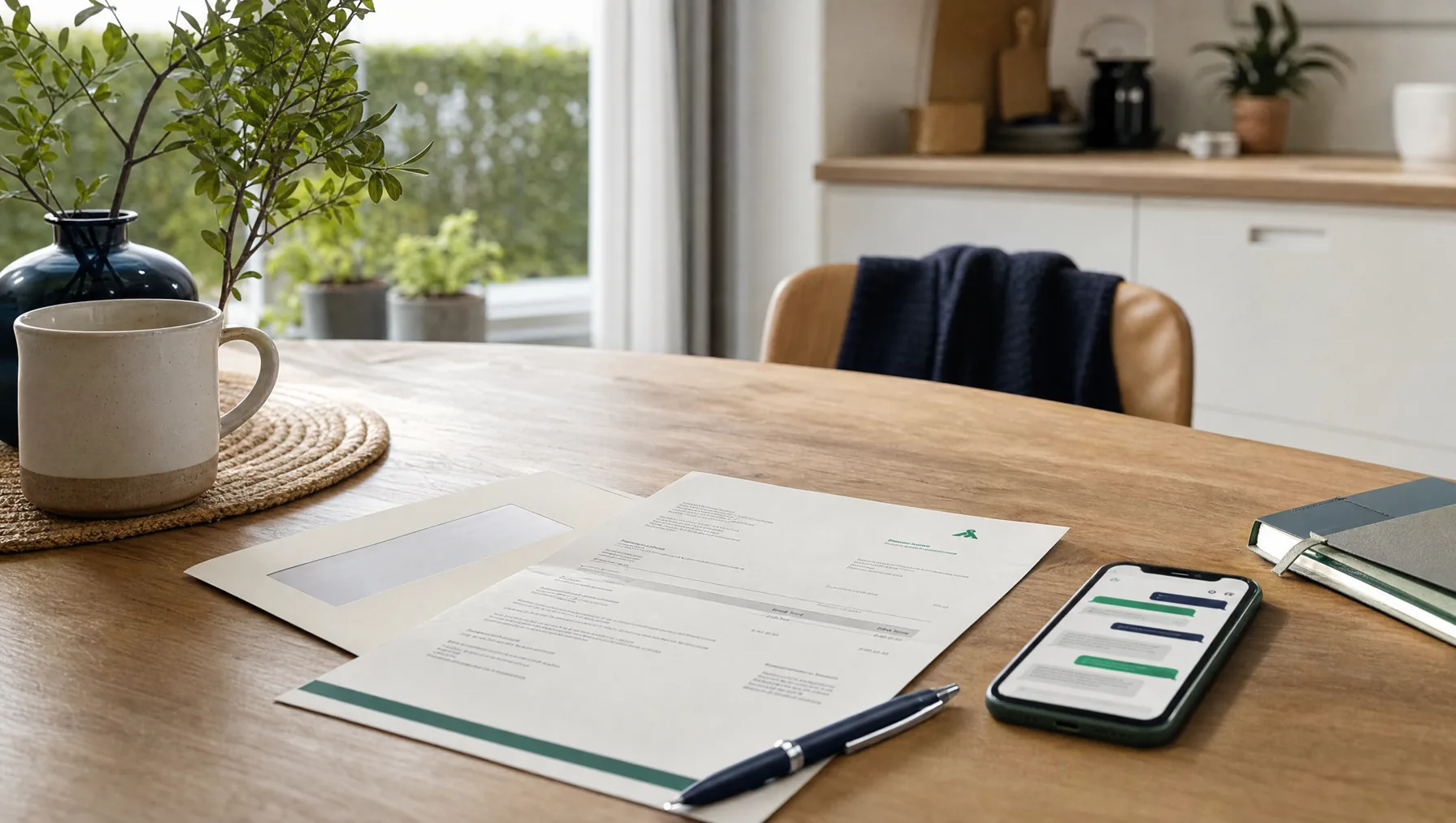 Brief en smartphone op een rustige keukentafel
